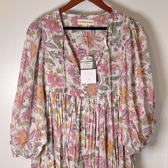 NWT Daughters of India 100% Cotton Fuchsia Bloom Kyra Midi Dress Sz M - Picture 2 of 9